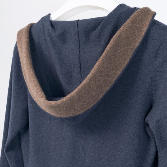 Brunello Cucinelli Blue & Taupe Two-Tone Cashmere Hooded Toggle Cardigan - Picture 7 of 9